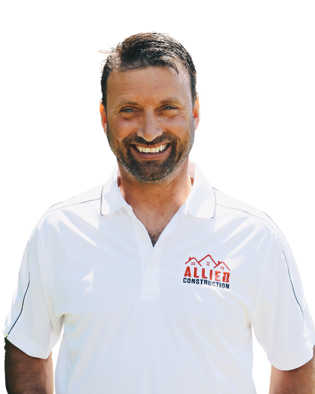 Eric, owner of Allied Construction, smiling in a white company-branded polo shirt