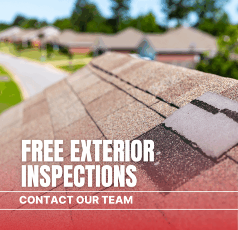 Damaged residential roof with bold text overlay reading "Free Exterior Inspection – Contact Our Team