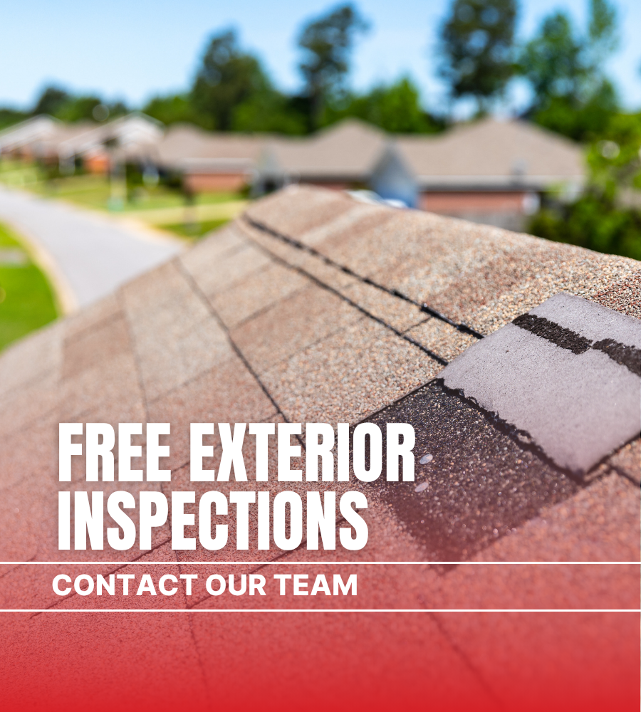 Damaged residential roof with bold text overlay reading "Free Exterior Inspection – Contact Our Team