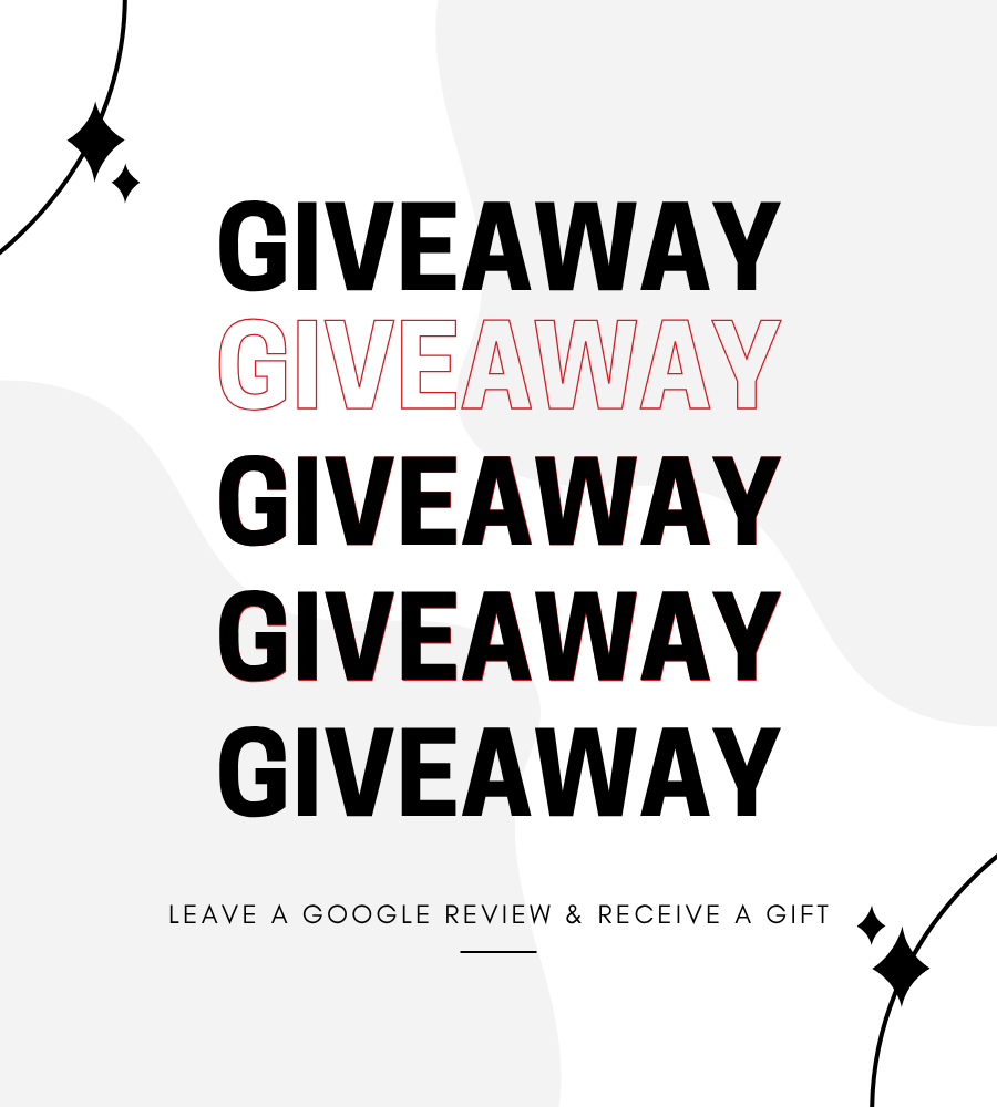 Graphic with repeated "GIVEAWAY" text and small print reading "Leave a Google review and receive a gift"