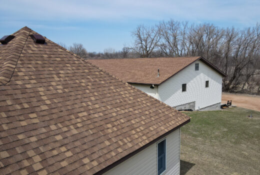 Overhead view of new shingle roof