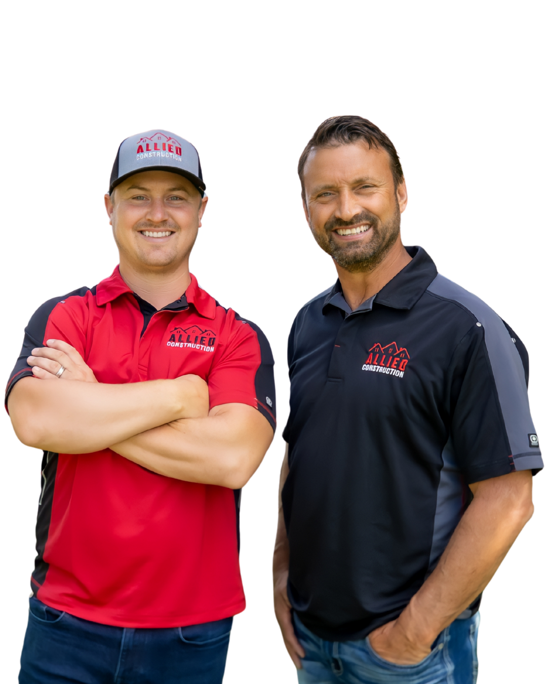 Adam and Eric, owners of Allied Construction, standing in front of a company truck