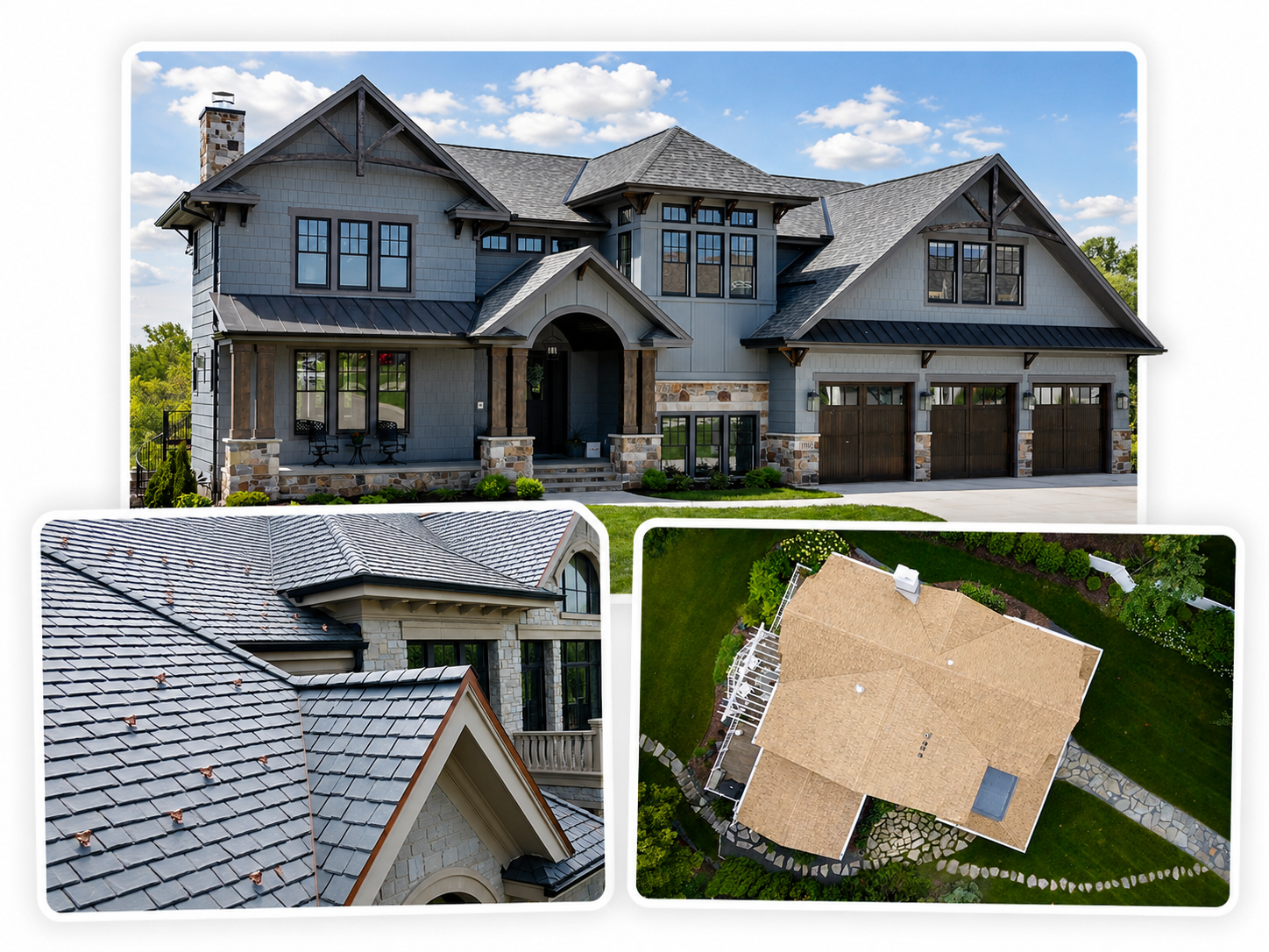 Collage featuring a luxury home exterior, a close-up of a premium roof installation, and an aerial view of a completed residential roofing project.