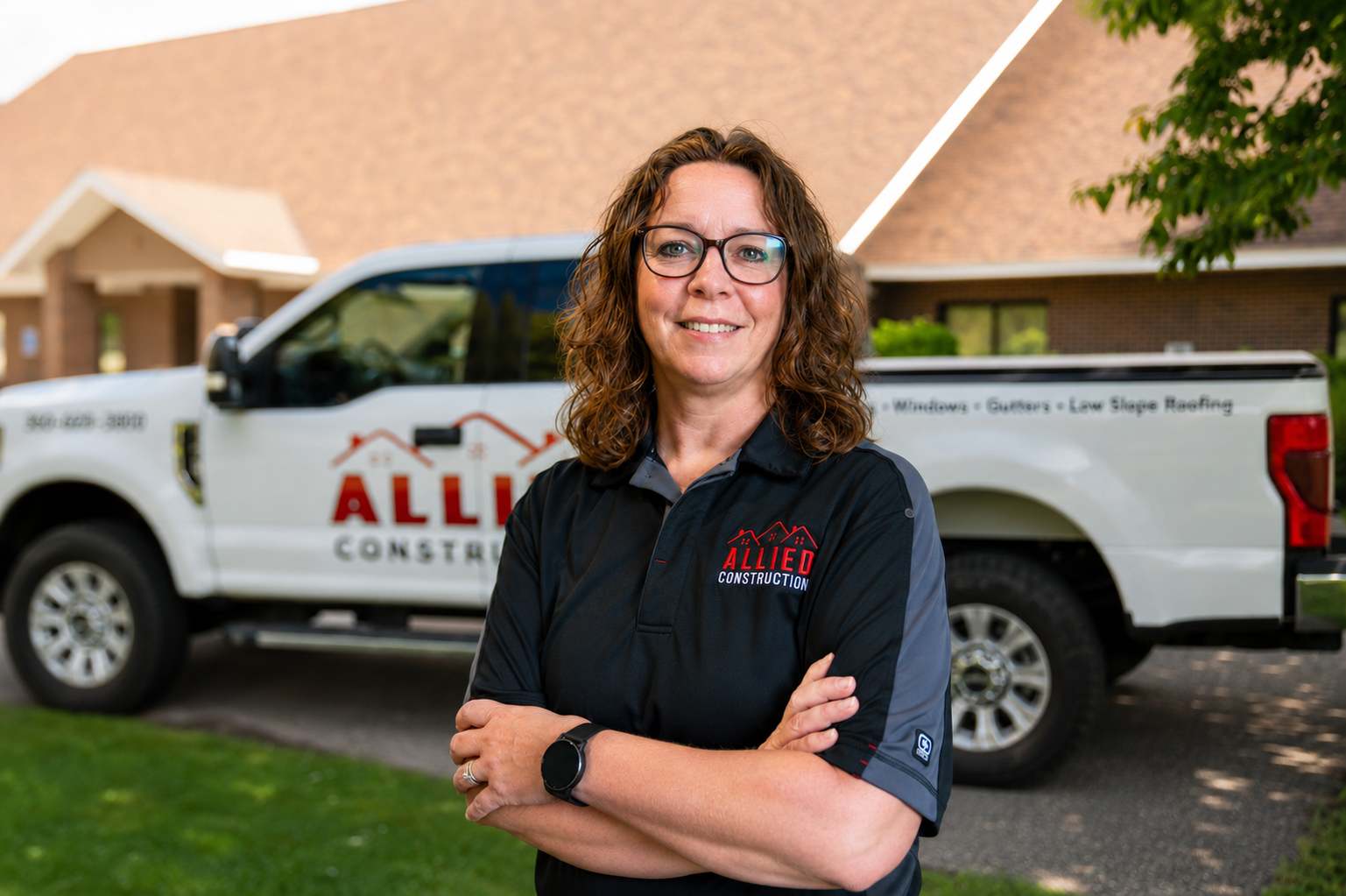 Team member from Allied Construction standing with arms crossed in front of an Allied Construction service truck outside the company office.